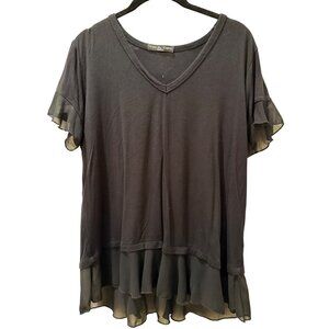 Kim & Cami Black V-Neck Short Sleeve Top With Sheer Ruffle Hem & Sleeves